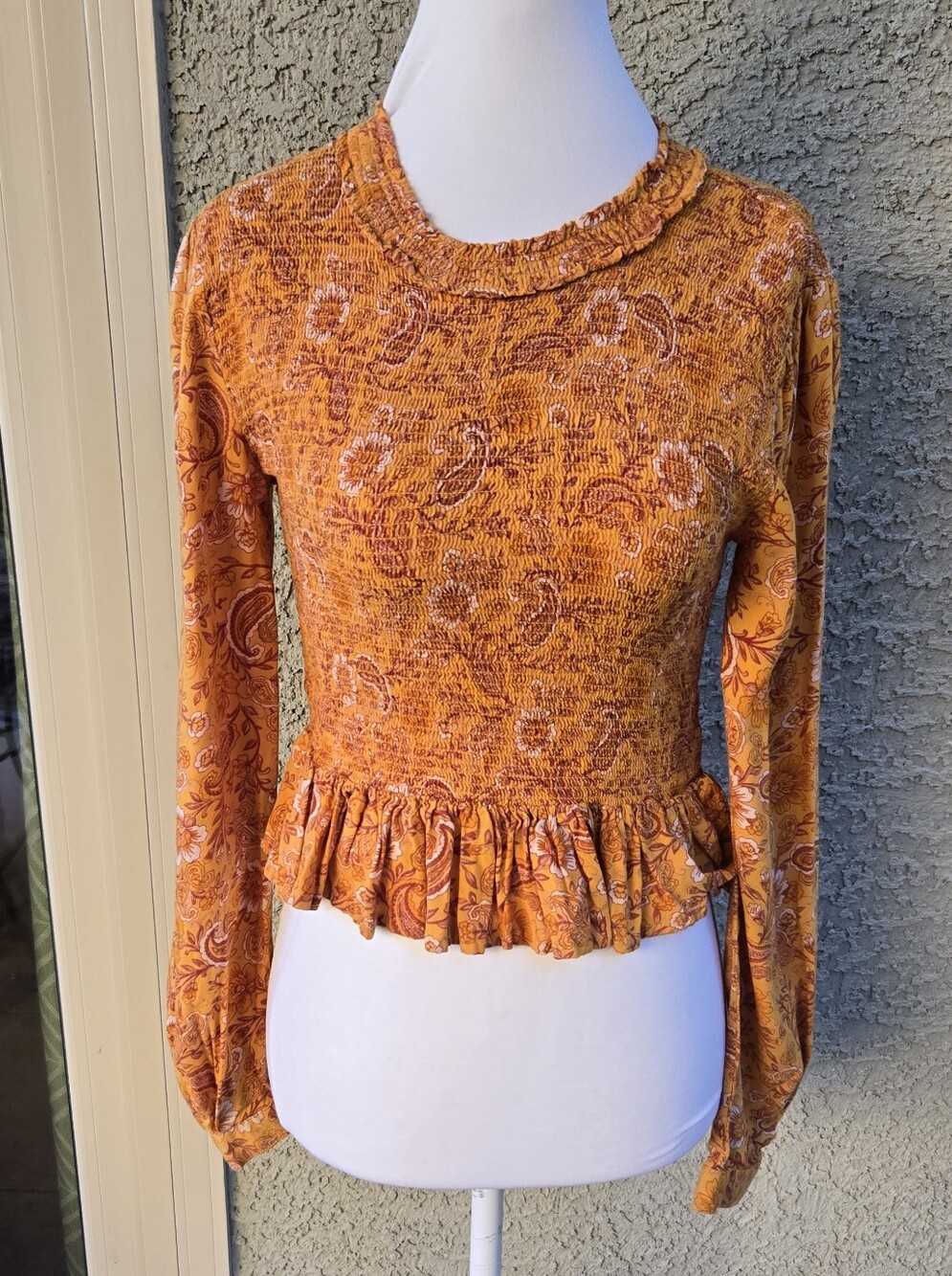 Patrons Of Peace Orange Paisley Smocked Ruffle Hem Long Sleeve Top